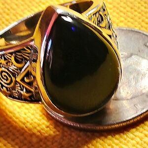 INTRICATE, SANTA FE- BLACK SHUNGITE, AND STERLING, MEN'S RING. SIZE-9